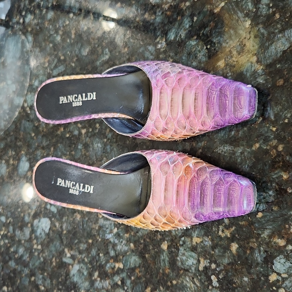 Pancaldi 1888 Size 8.5 Snakeskin purple/pink/amber slip on closed toe heels